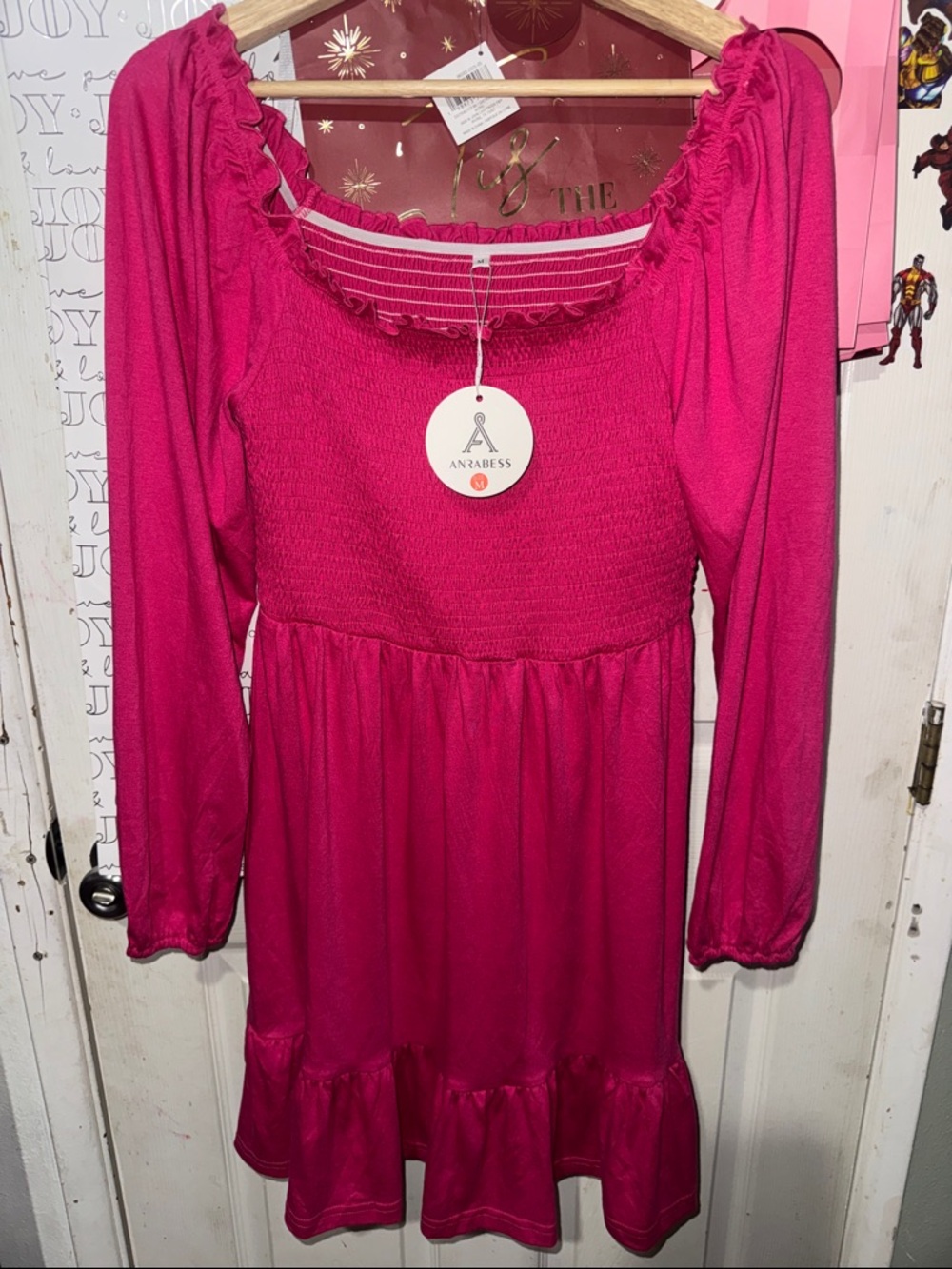 Girls' Hot Pink Long-Sleeve Ruffle Dress